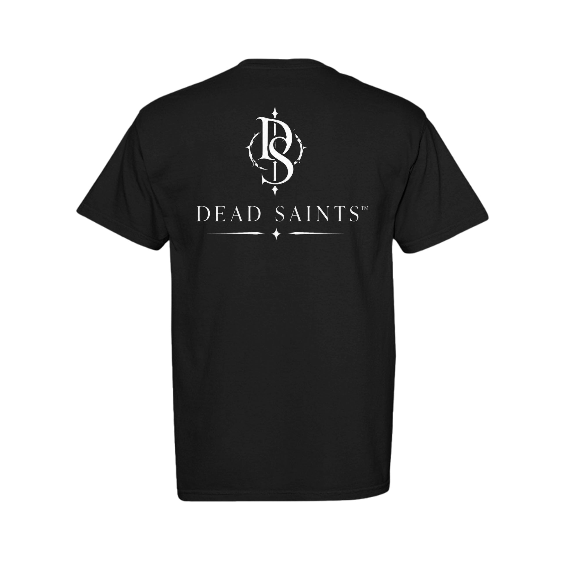 A black short-sleeve t-shirt shown from the back, featuring a white graphic print with a circular monogram and the text 'DEAD SAINTS' on the center back.